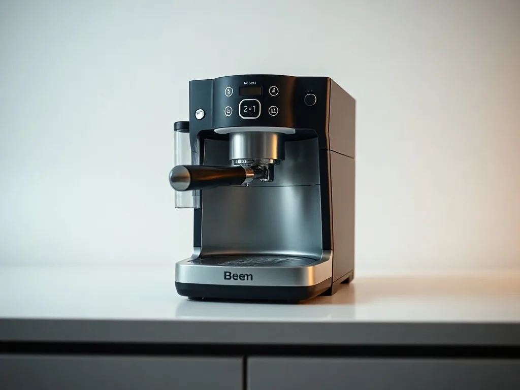 Eine Beem-Kaffeemaschine mit integriertem Mahlwerk auf einer Küchenzeile, daneben eine Tasse frisch gebrühter Kaffee.