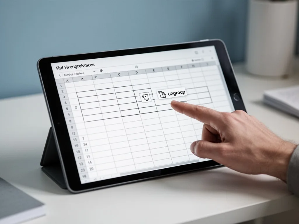 A tablet screen showing an ungrouped spreadsheet with evenly spaced rows and columns, a fingertip tapping the 'ungroup'