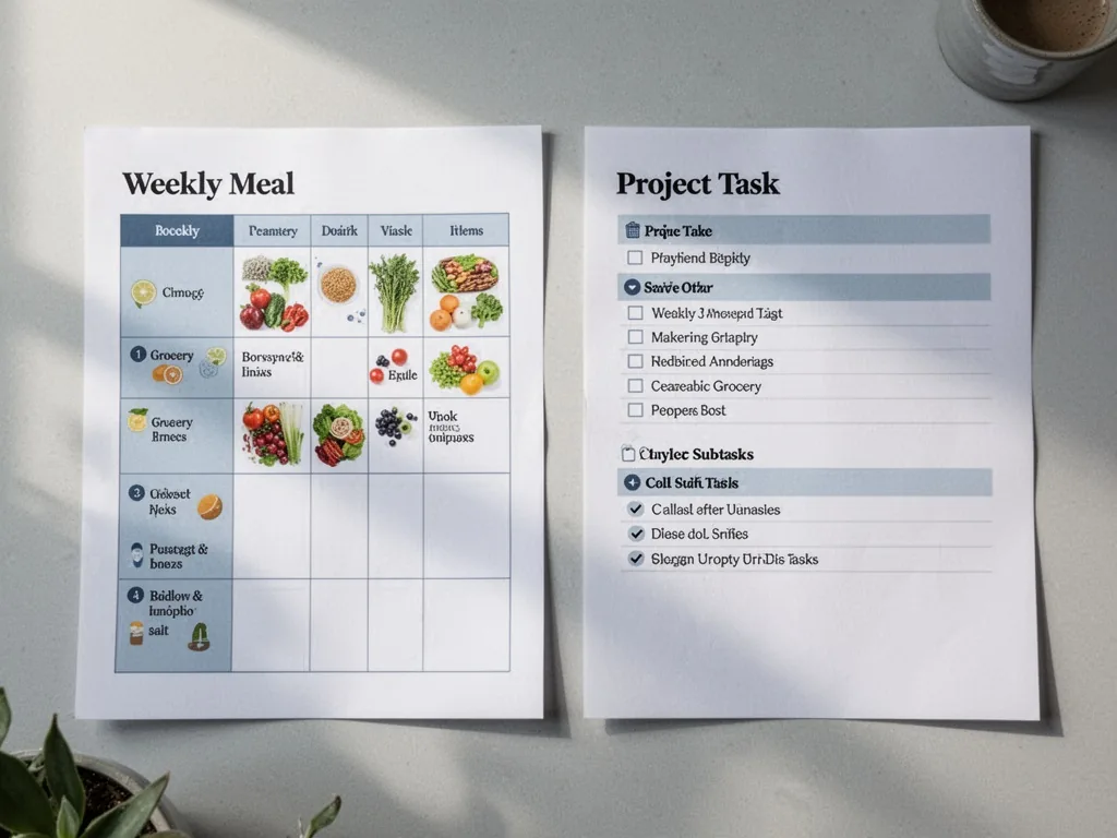 Two everyday examples side by side: a weekly meal planner with grouped grocery items and a project task list with collap