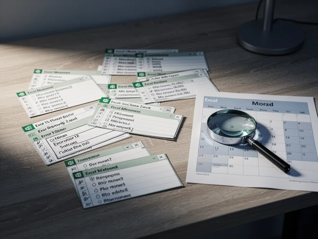 A spread of Excel error messages scattered on a wooden desk, a magnifying glass resting on a printed calendar, soft side