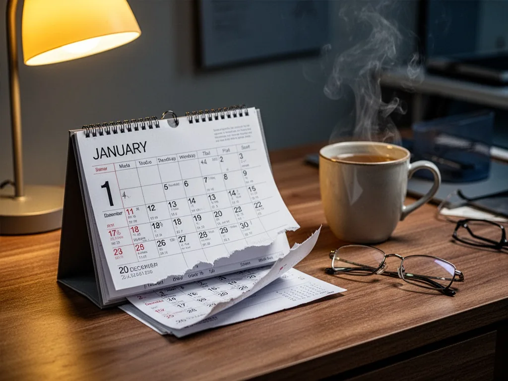An open desk calendar displaying January 1st, with the previous year's December page partly torn and visible beneath, a