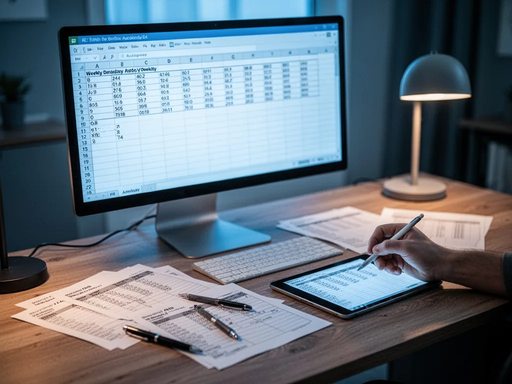 A computer monitor showing an Excel spreadsheet with weekly dates auto-populating, a hand holding a stylus over a tablet
