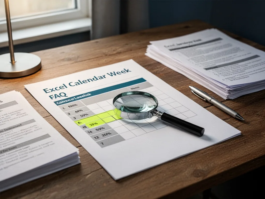 A printed FAQ sheet titled 'Excel Calendar Week' with a magnifying glass resting on a highlighted cell, a stack of refer