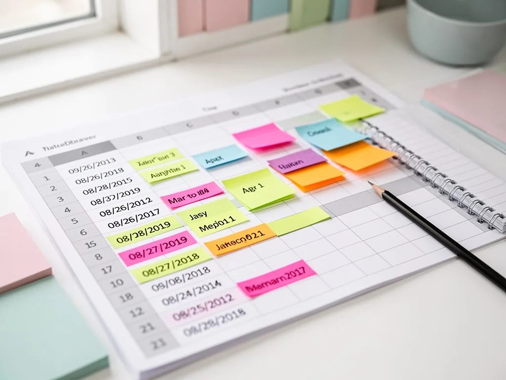 A spreadsheet with rows of dates rearranged into a custom sequence, colored sticky notes marking specific months, sharp