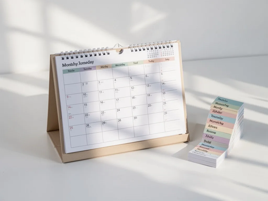 A desk calendar open to a weekly view, small stack of monthly tabs beside it, gentle morning shadows across the pages
