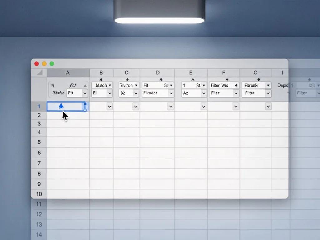 A spreadsheet with filter dropdown arrows visible on each column header, a sorted ascending arrow on a column, rows neat