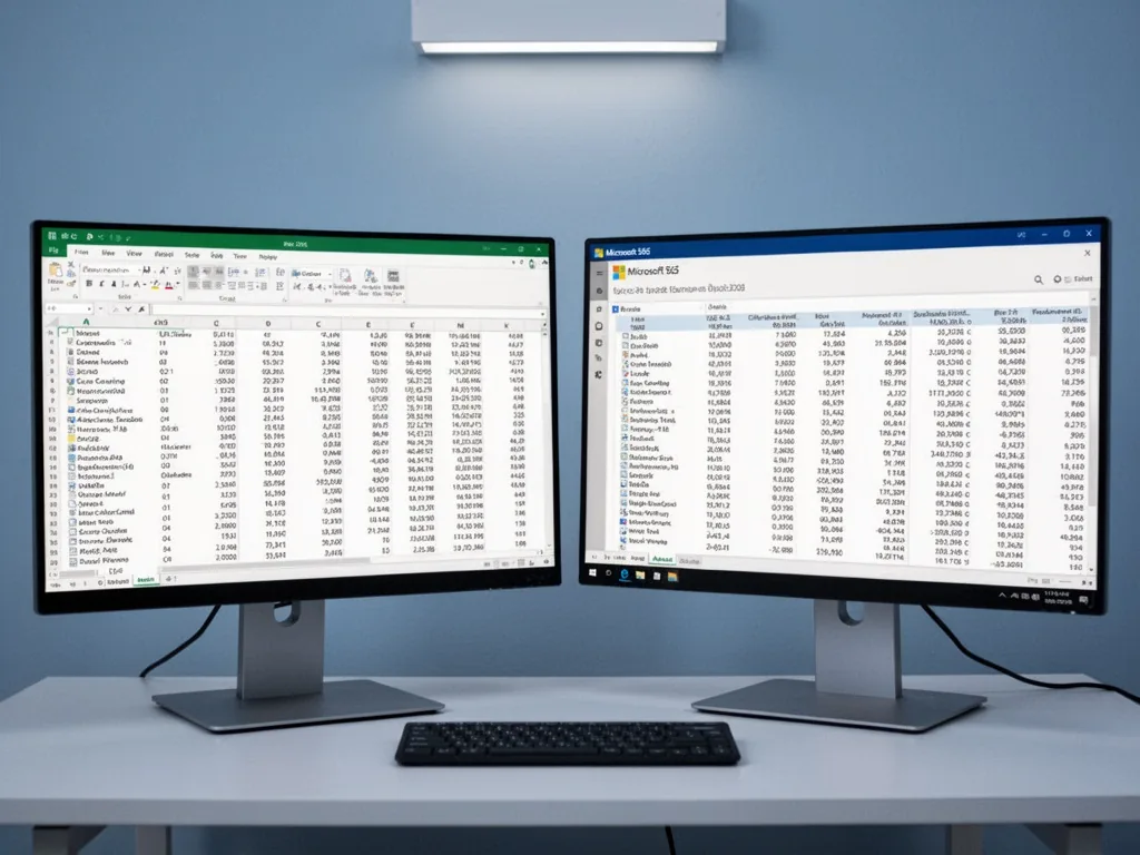 Two monitors side by side, left showing Excel 2016 interface, right showing Microsoft 365, both displaying identical sor
