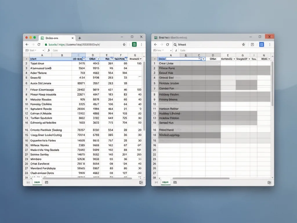 Two spreadsheets on one screen, left side showing a sorted list with all rows visible, right side showing a filtered lis
