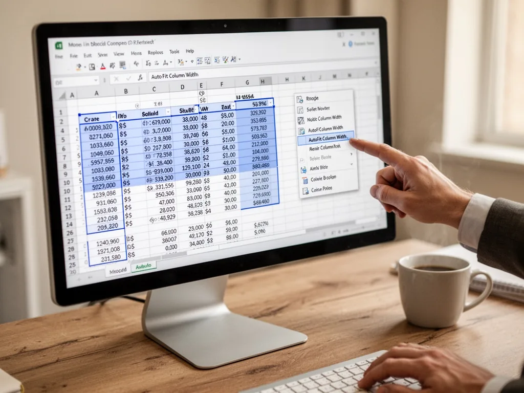 A close-up of an Excel spreadsheet on a monitor, multiple columns highlighted with blue selection, a hand clicking 'Auto