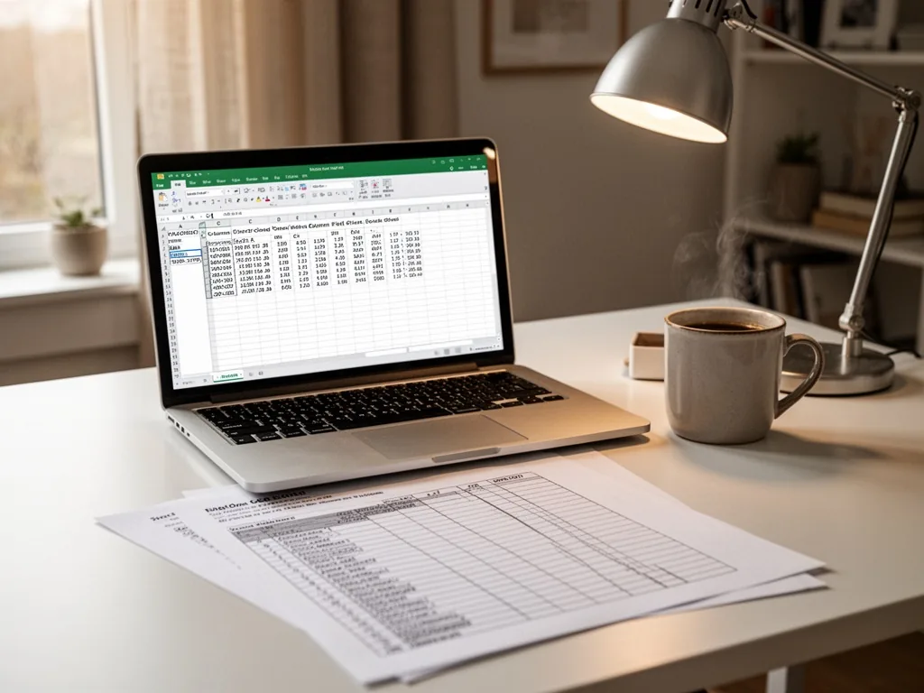 A laptop screen displaying Excel print preview with fixed column widths, a printed sheet of paper with neat columns, des