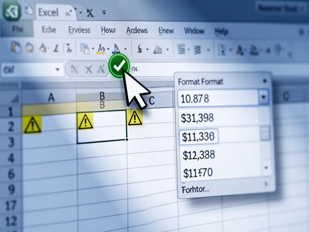 A computer mouse cursor clicking a green error-check icon in Excel's top toolbar, spreadsheet cells with yellow warning 