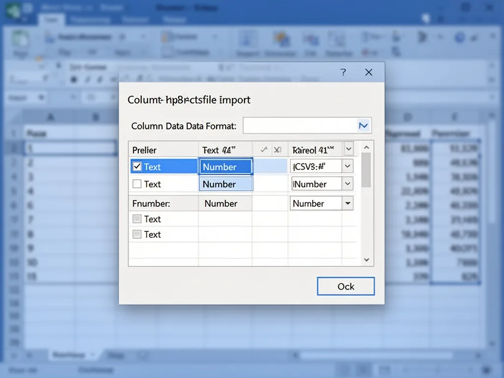 A CSV file import dialog in Excel with a column data format selector, blue-highlighted cells changing from 'Text' to 'Nu