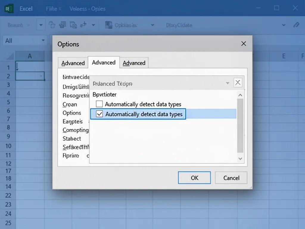 An Excel options window with an 'Advanced' tab open, a checkbox labeled 'Automatically detect data types' highlighted in