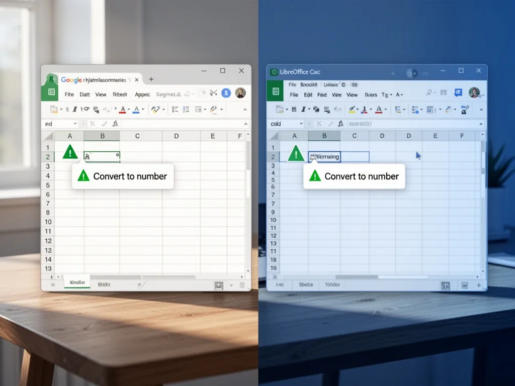 A split screen of Google Sheets and LibreOffice Calc windows, each showing a cell with a green warning triangle and a 'C
