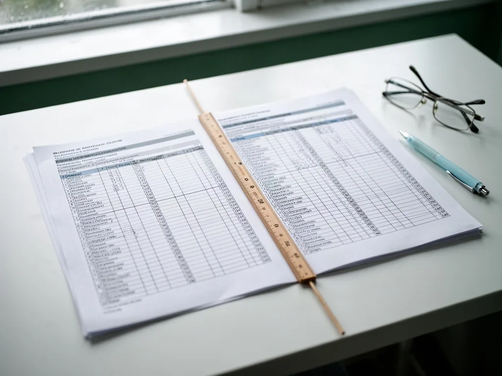 Two printed spreadsheet sheets side by side on a white desk, a thin wooden ruler aligning matching rows, a pale blue pen