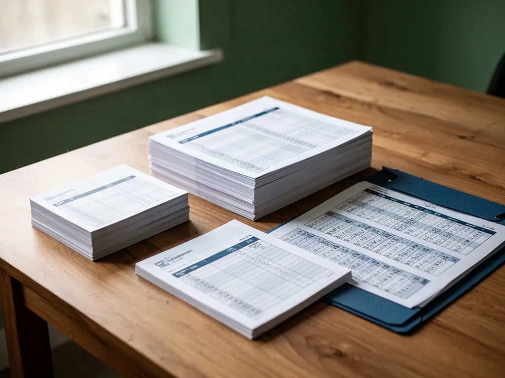 Three stacks of printed tables with different layouts on a wooden table, a small stack, a thick stack, and a folder with