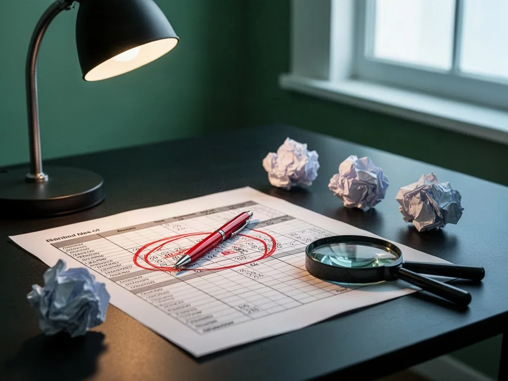 A red pen circling a mismatched cell on a printed spreadsheet, crumpled paper balls and a magnifying glass on a dark des