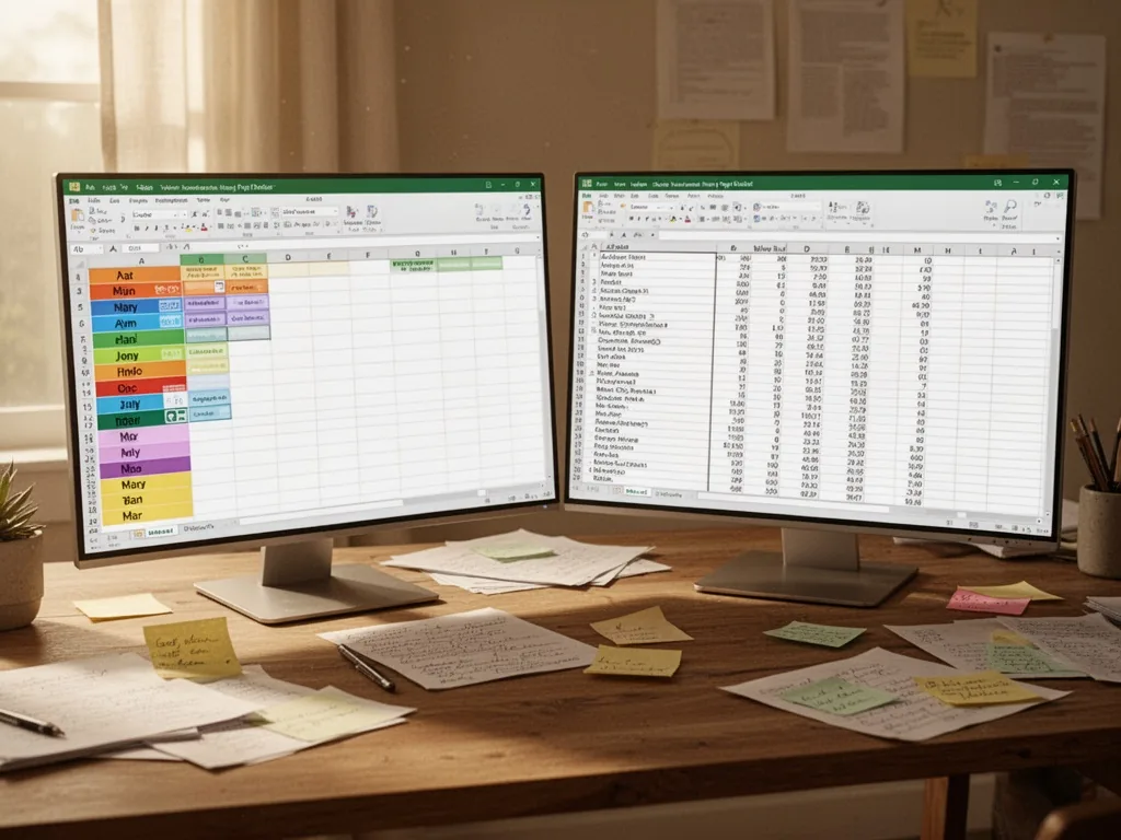 Two open Excel spreadsheets side by side on a wooden desk, one with colorful month tabs, one with a single long table, s