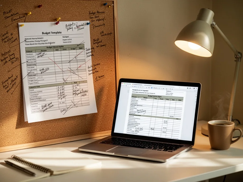 A printed budget template pinned on a corkboard with handwritten notes and corrections, beside a laptop displaying the s