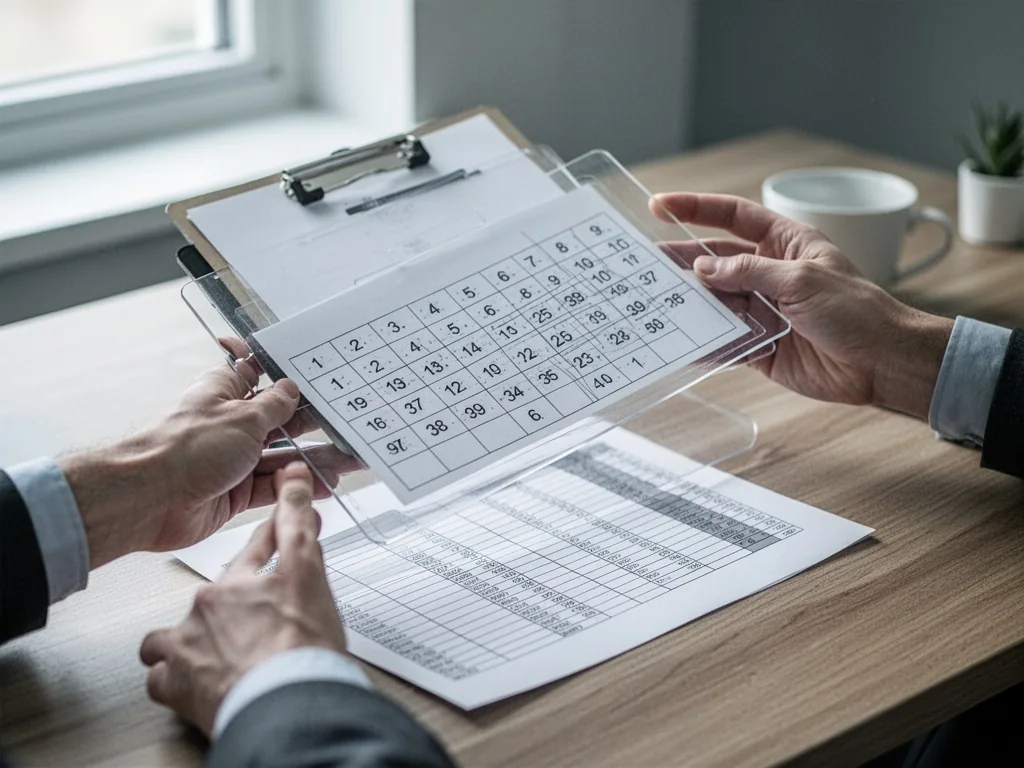 A pair of hands holding a transparent clipboard with a grid of numbers, sliding it sideways over a paper spreadsheet wit