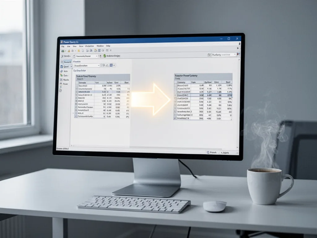 A computer monitor displaying a Power Query editor window, with a glowing transformation arrow between two data tables,