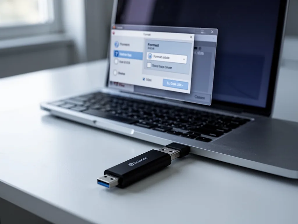 A black USB flash drive plugged into a silver laptop, a pop-up window showing format options on screen, clean desk surfa
