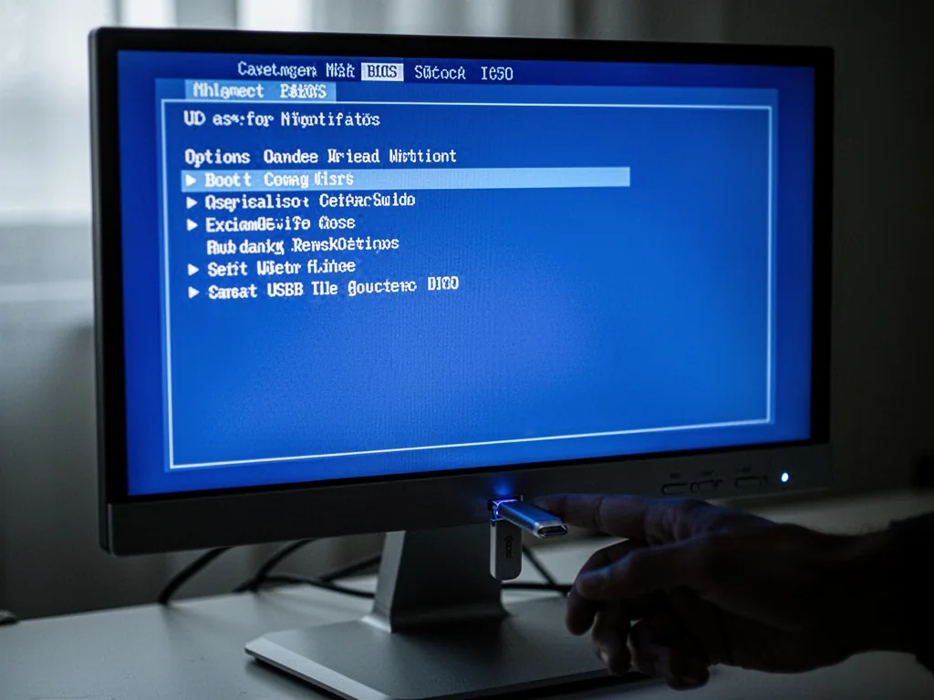A computer monitor displaying a blue BIOS menu with boot options, a USB stick inserted in the front port, dim ambient li