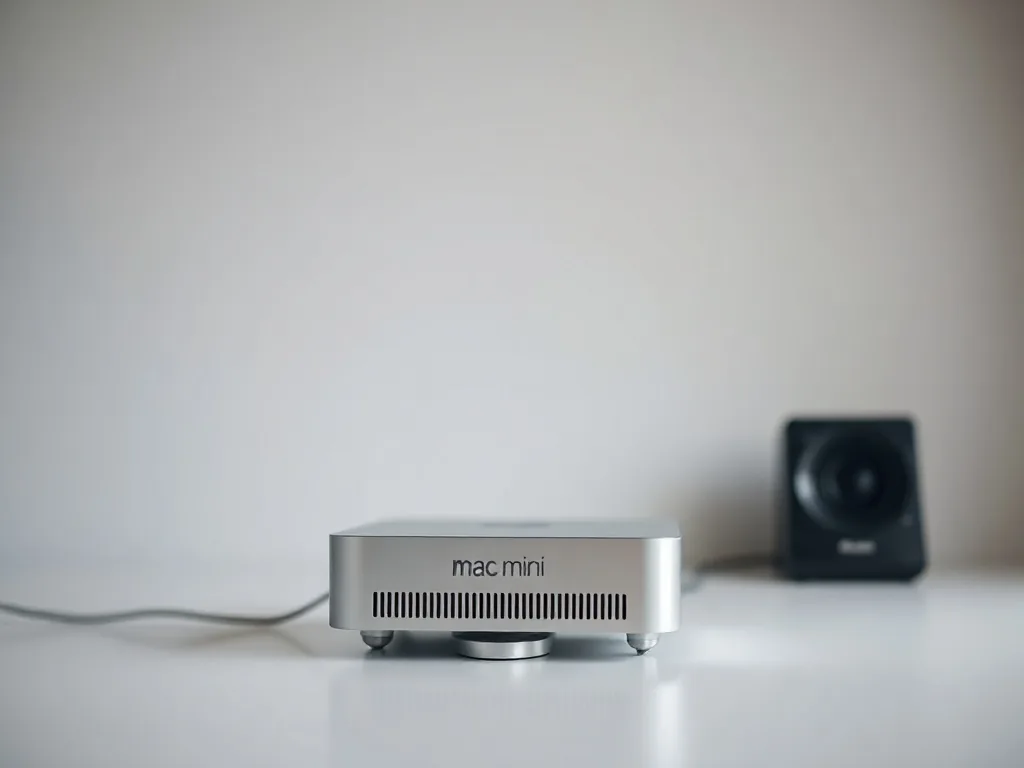 Ein Mac Mini M4 auf einem Schreibtisch, daneben ein externer Monitor mit Thunderbolt-Kabel