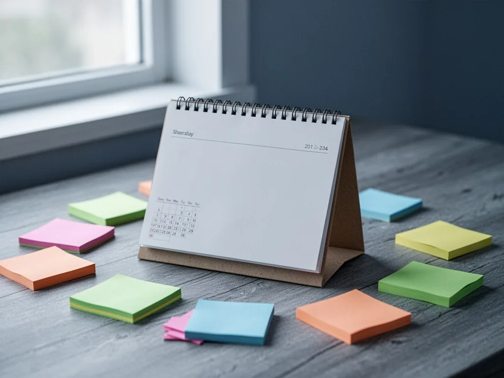 A paper desk calendar on a wooden desk, a single page flipped to a blank day, surrounded by scattered colored sticky not