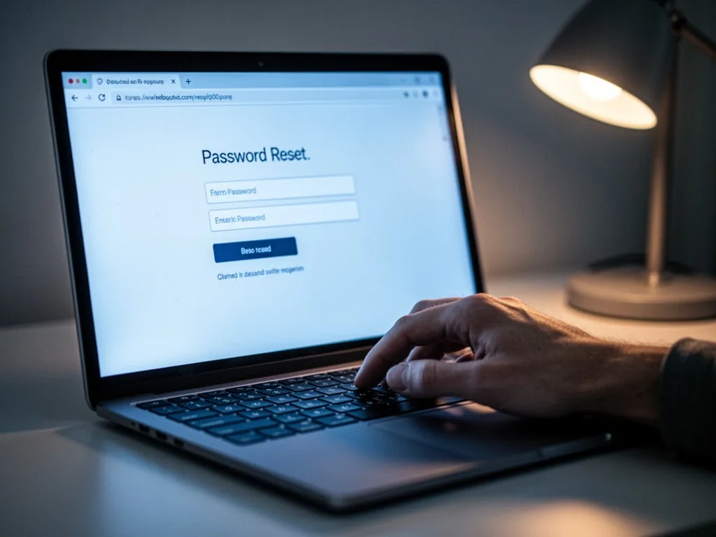 A hand pressing a key on a laptop keyboard, the screen shows a password reset form, soft blue light from the display