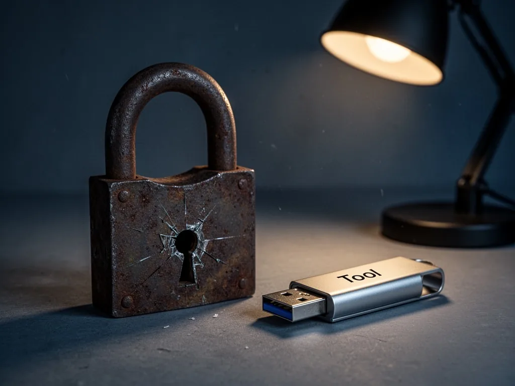 A rusty padlock with a cracked keyhole, beside a USB drive labeled 'Tool', dim lighting and dark shadows