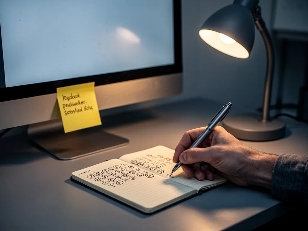 A hand writing a complex password in a small notebook, a sticky note on the monitor, warm desk lamp glow