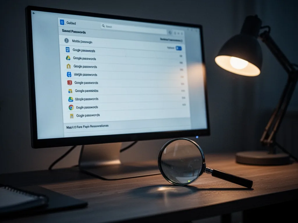 A computer screen displaying a list of saved passwords, a magnifying glass resting on the desk, dim room