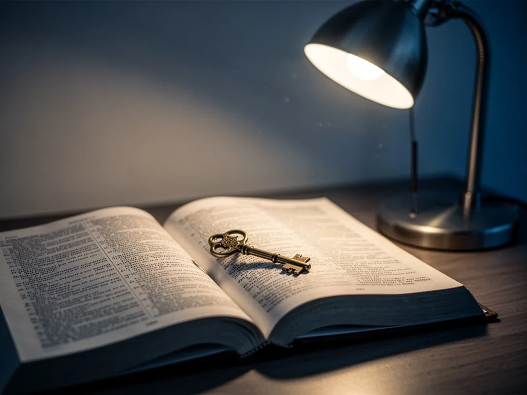 A single key lying on an open book, a soft desk lamp glow casts long shadows, quiet contemplative mood
