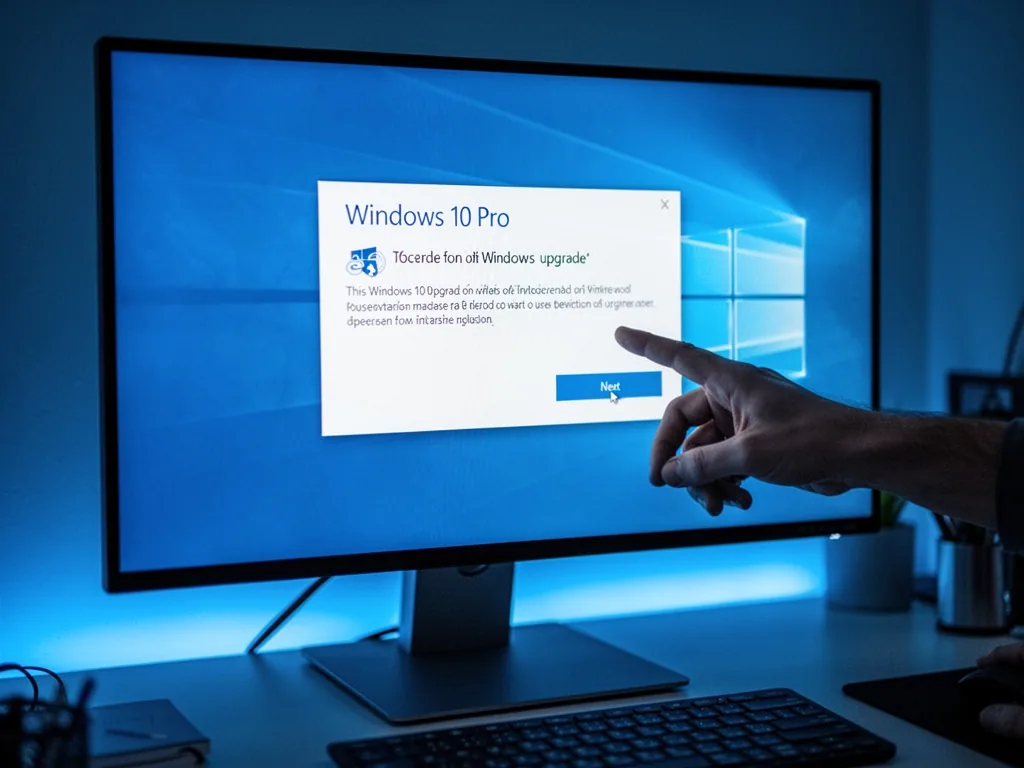 A computer monitor screen showing a Windows 10 Pro upgrade dialog box, a hand with a finger reaching toward the 'Next' b