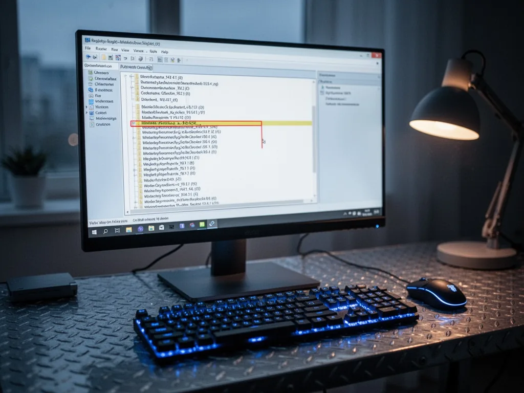 A computer monitor displaying a Windows registry editor window with a highlighted key, blue LED keyboard glow, metal des