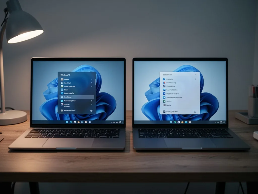 Two side-by-side laptop screens on a wooden desk, one showing the new Windows 11 context menu, the other the classic men