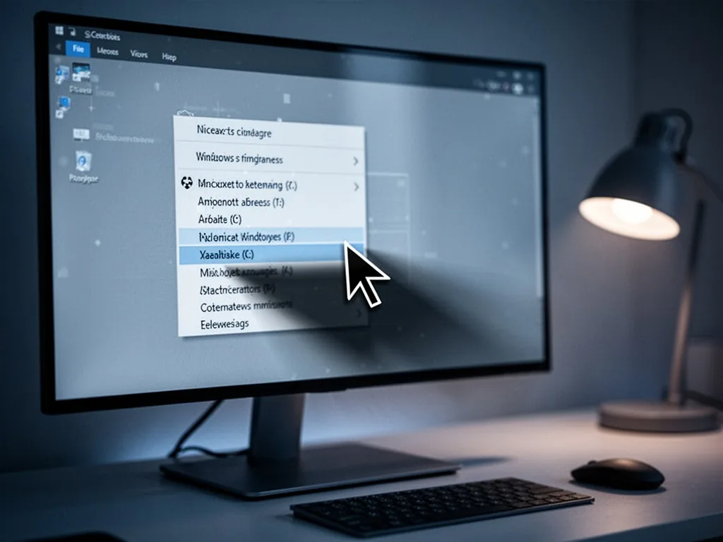 A mouse cursor hovering over a Windows context menu where the bottom items are partially shadowed, monitor reflection, c