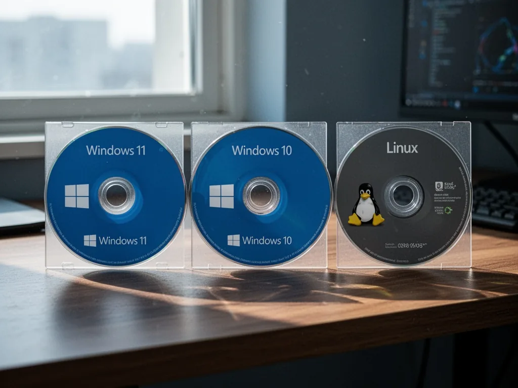 Three installation media discs side by side on a wooden desk, one for Windows 11, one for Windows 10, one for Linux, aft
