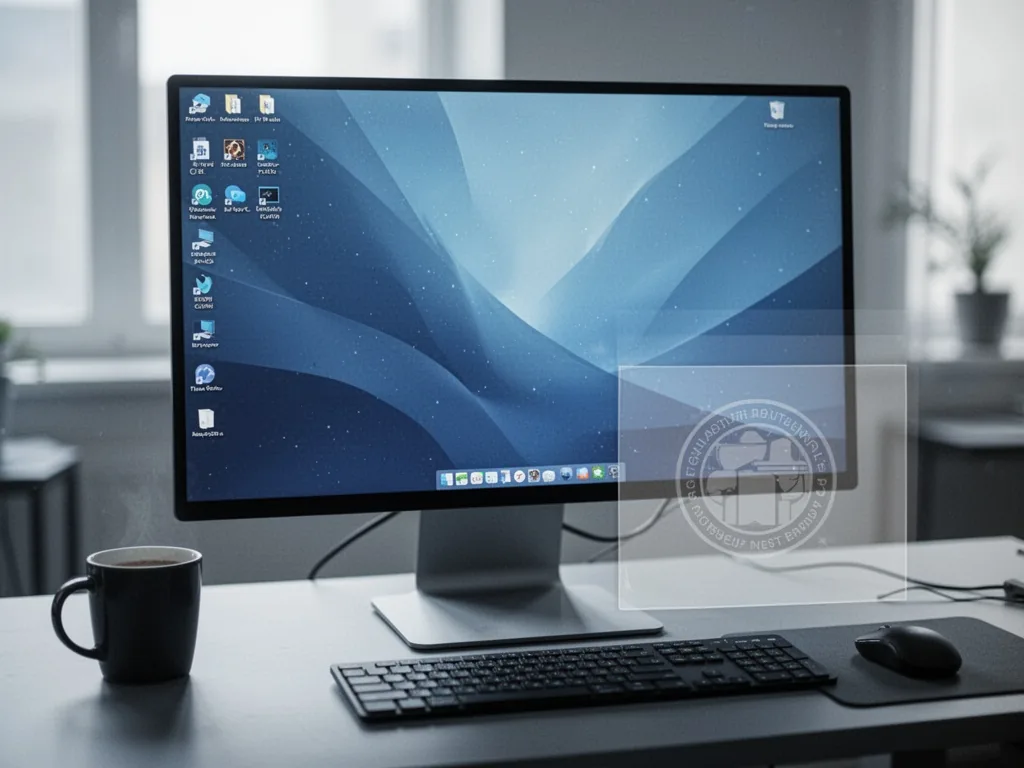 A computer monitor displaying a desktop wallpaper with a faint semi-transparent watermark overlay in the lower right cor