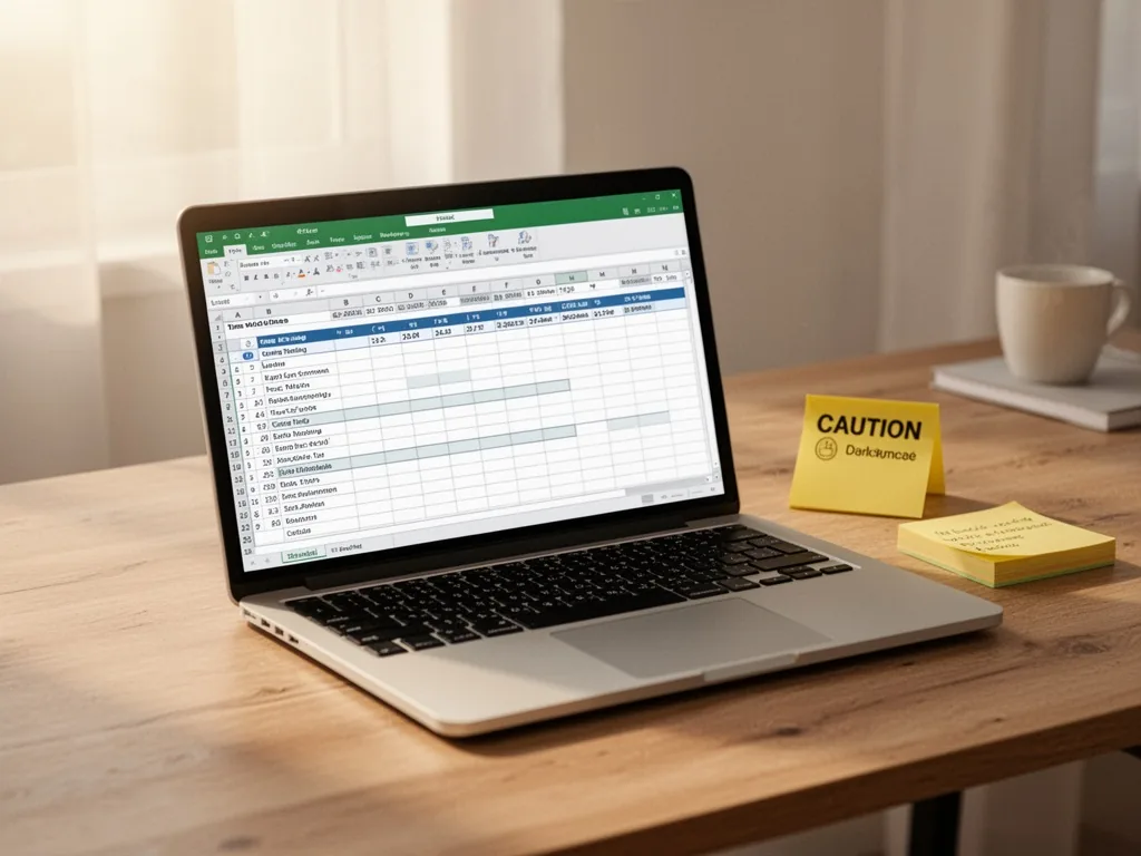 An open laptop on a wooden desk, a free Excel time-tracking template visible on screen, a yellow caution sticky note bes
