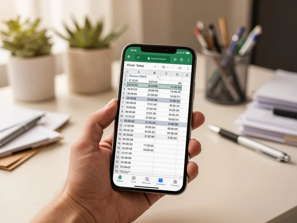 A smartphone held in a hand displaying an Excel spreadsheet with time entries, office supplies in blurred background, so