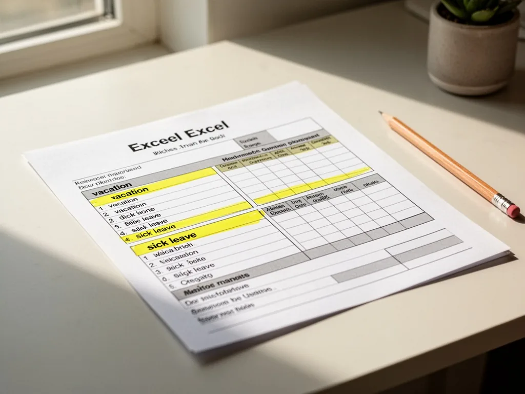 A printed Excel form on a desk with 'vacation' and 'sick leave' sections highlighted in yellow, a pencil resting next to