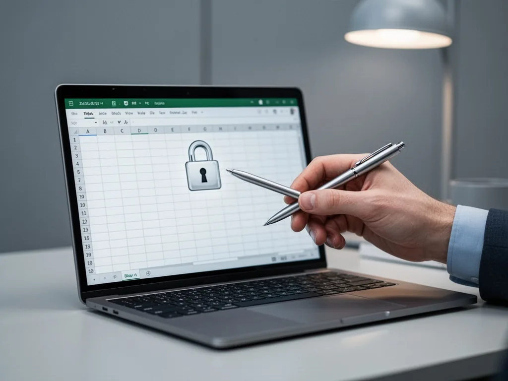 A hand with a silver pen pointing at a laptop screen showing an Excel grid, a small padlock icon hovering above a select