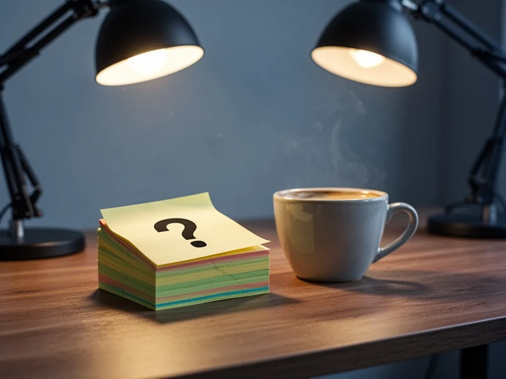 A stack of sticky notes with question marks printed on them, placed next to a coffee cup on a wooden desk, side-lit by a